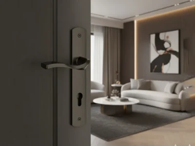 درب ورودی مدرن با دستگیره و قفل فلزی در فضای داخلی منزل