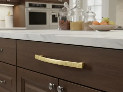 دستگیره کابینت طلایی مدل وندا روی کابینت چوبی آشپزخانه مدرن