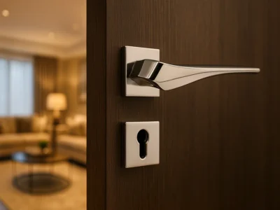 دستگیره درب کروم مدل کلون 502 روی درب چوبی اتاق پذیرایی